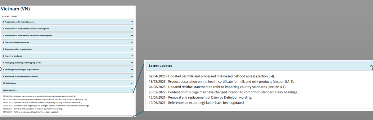 Image of Vietnam country page with expanded and zoomed "Latest updates" section.